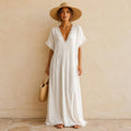 Linen Kaftan Maxi Dress, Lace Trim V Neck Cotton Gauze Dress, Oversized Boho Beach Cover Up, Summer Resort Wear With Pockets