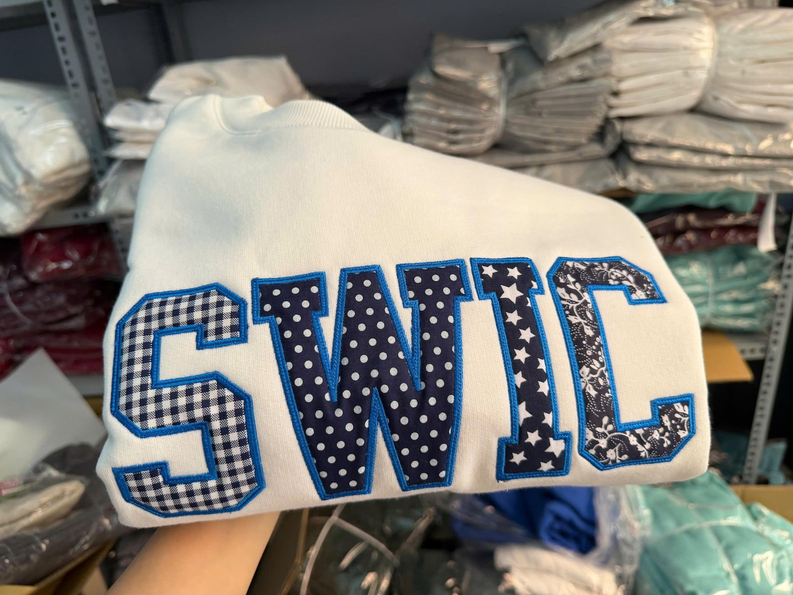 Custom Patchwork Embroidered Sweatshirt, Personalized Varsity Applique Crewneck, Gingham Floral College Style Gift
