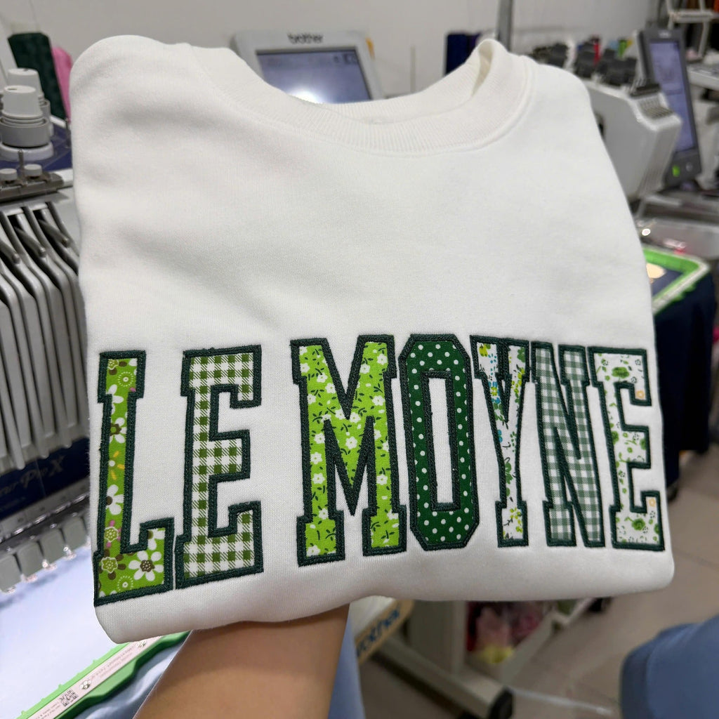 Custom Patchwork Embroidered Sweatshirt, Personalized Varsity Applique Crewneck, Gingham Floral College Style Gift