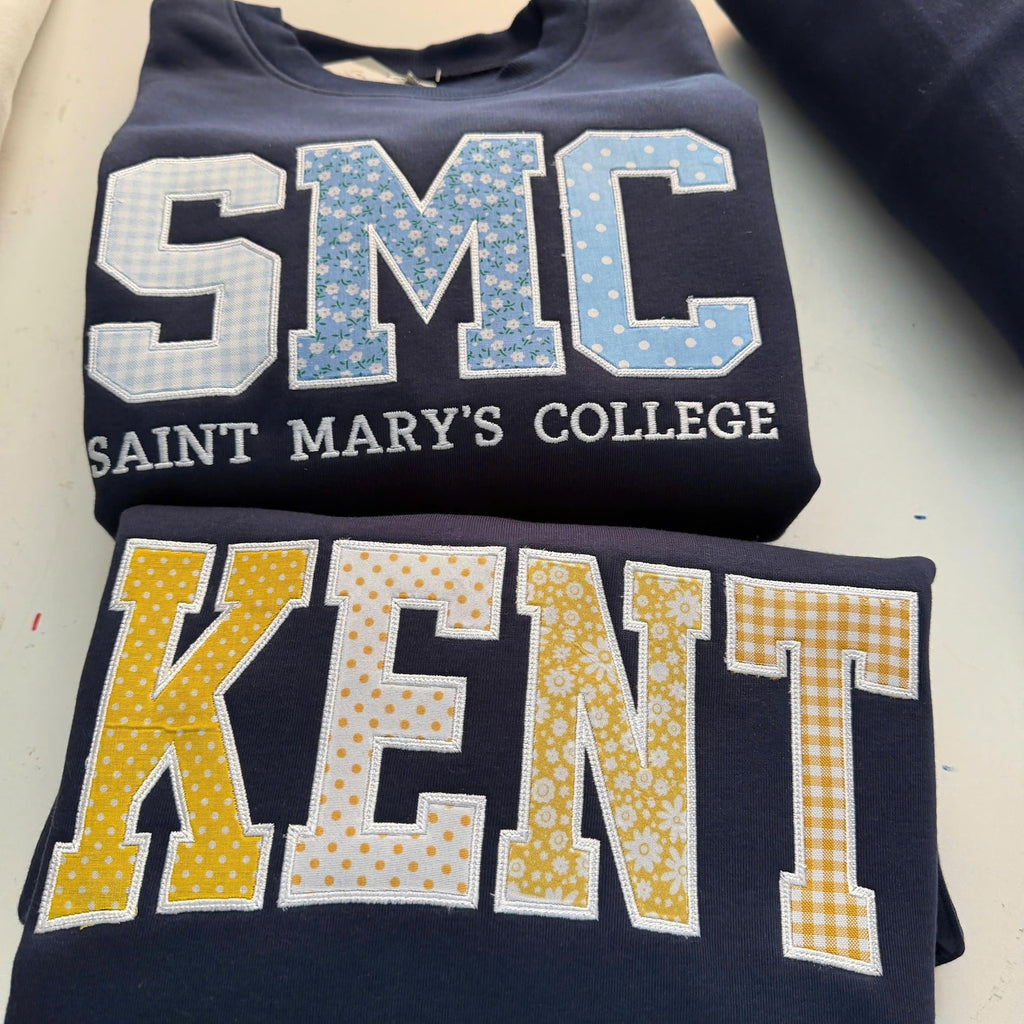 Custom Patchwork Embroidered Sweatshirt, Personalized Varsity Applique Crewneck, Gingham Floral College Style Gift