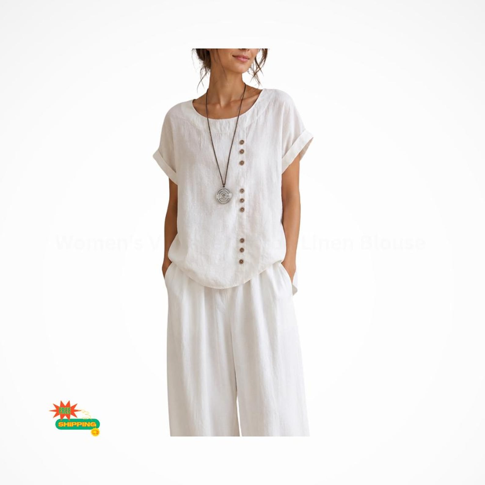 Women's Vintage Cotton Linen Blouse | Casual Button Front Short Sleeve Oversized Summer Top