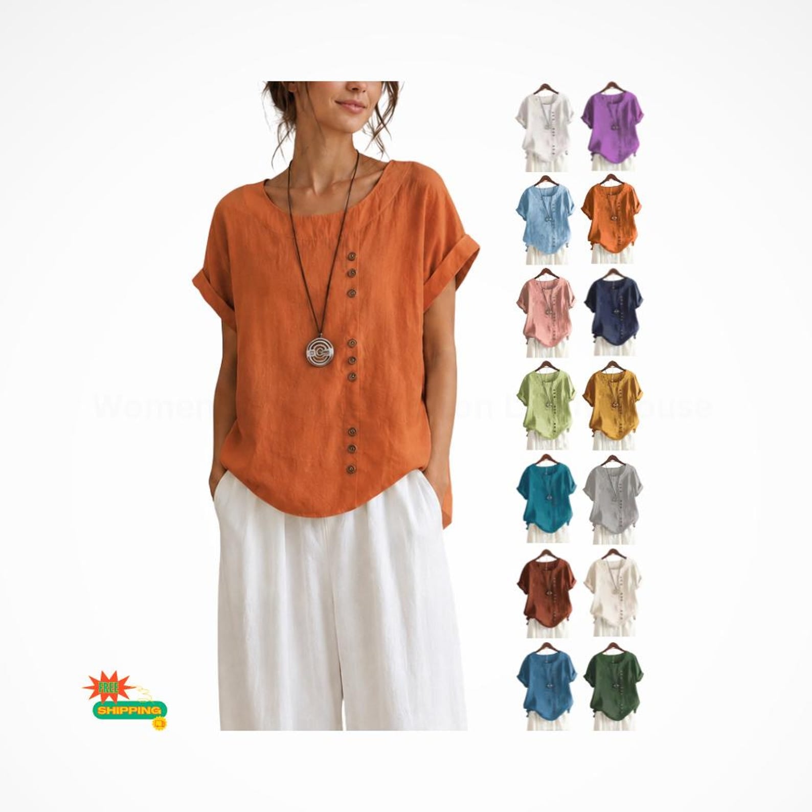 Women's Vintage Cotton Linen Blouse | Casual Button Front Short Sleeve Oversized Summer Top