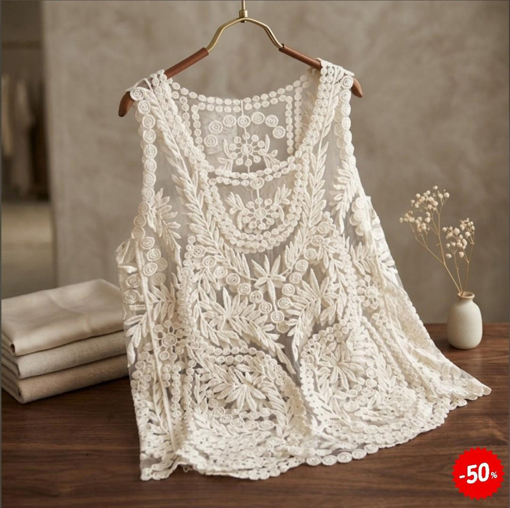 Boho Floral Lace Tank Top, Sheer Sleeveless Summer Beach Cover Up