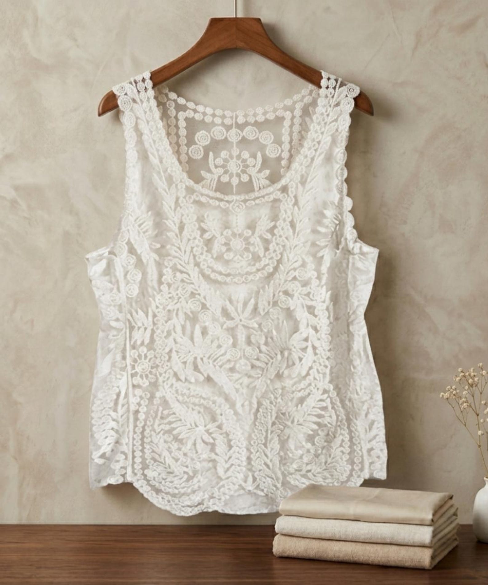 Boho Floral Lace Tank Top, Sheer Sleeveless Summer Beach Cover Up