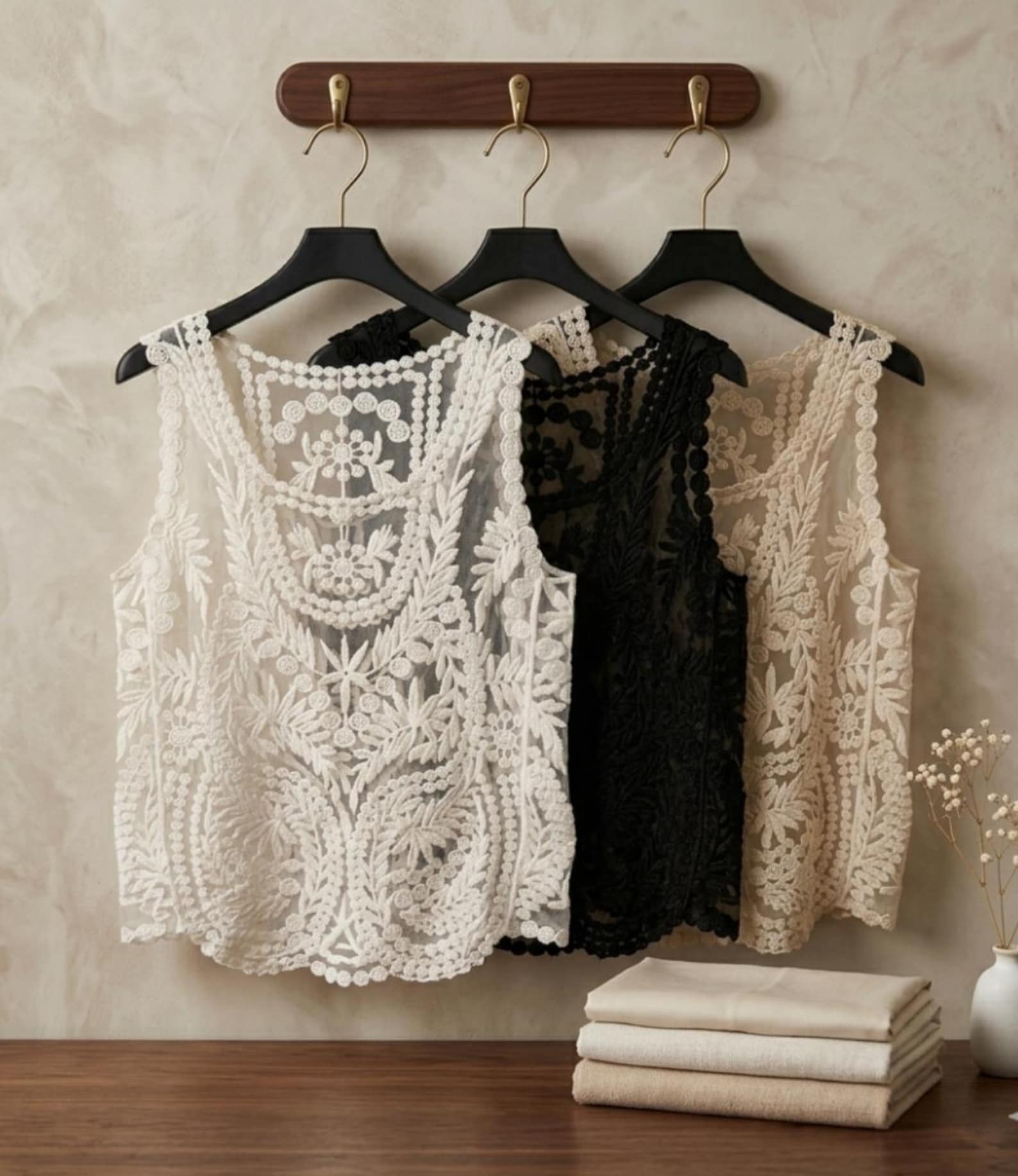 Boho Floral Lace Tank Top, Sheer Sleeveless Summer Beach Cover Up