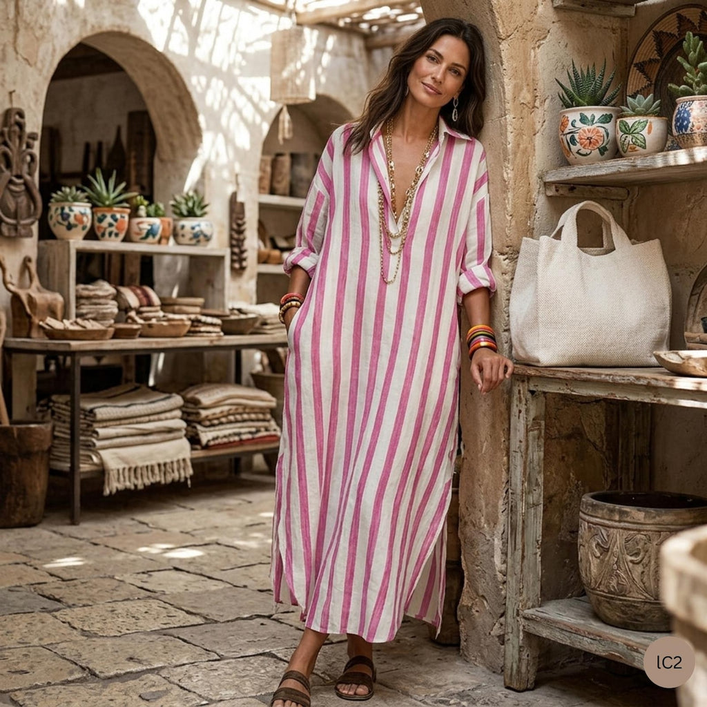 Striped Linen Kaftan Dress, Oversized Beach Cover-Up, Loose Resort Wear, Casual Outfit with Pockets