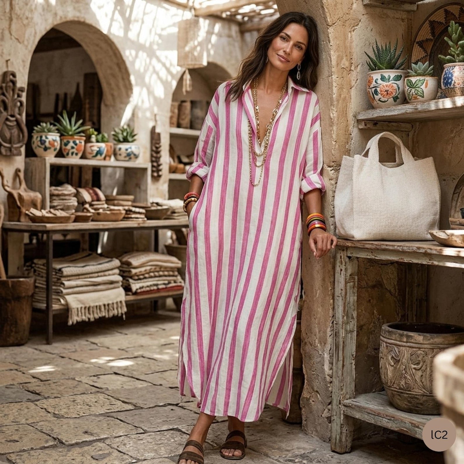 Striped Linen Kaftan Dress, Oversized Beach Cover-Up, Loose Resort Wear, Casual Outfit with Pockets