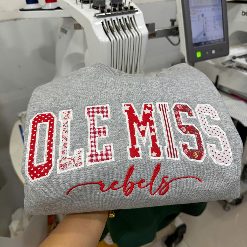 Custom College Applique Sweatshirt, Personalized School Team Crewneck, Patchwork Embroidered Varsity Sweatshirt Gift