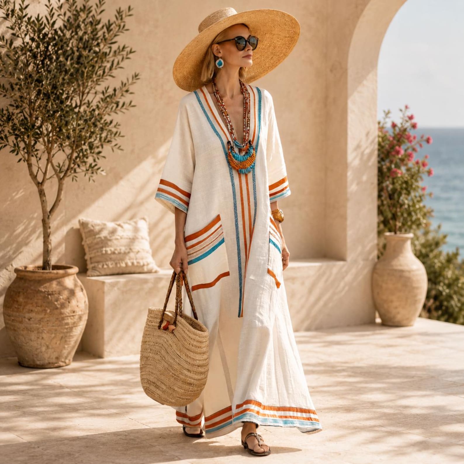 Boho Linen Maxi Dress,  Beach, Striped Kaftan, Summer Resort, Oversized Linen with Pockets