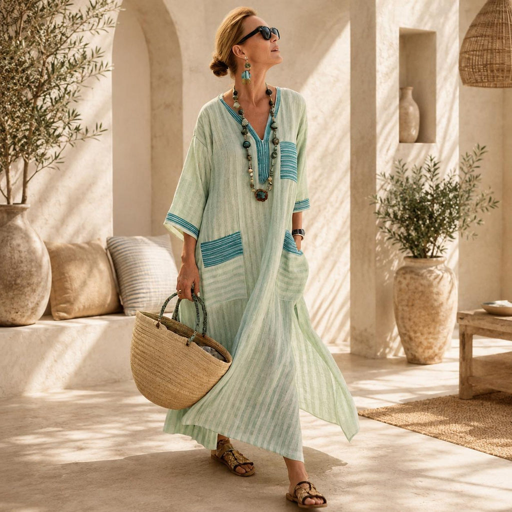 Boho Linen Maxi Dress,  Beach, Striped Kaftan, Summer Resort, Oversized Linen with Pockets