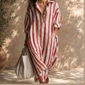 Striped Linen Kaftan Dress, Oversized Beach Cover-Up, Loose Resort Wear, Casual Outfit with Pockets