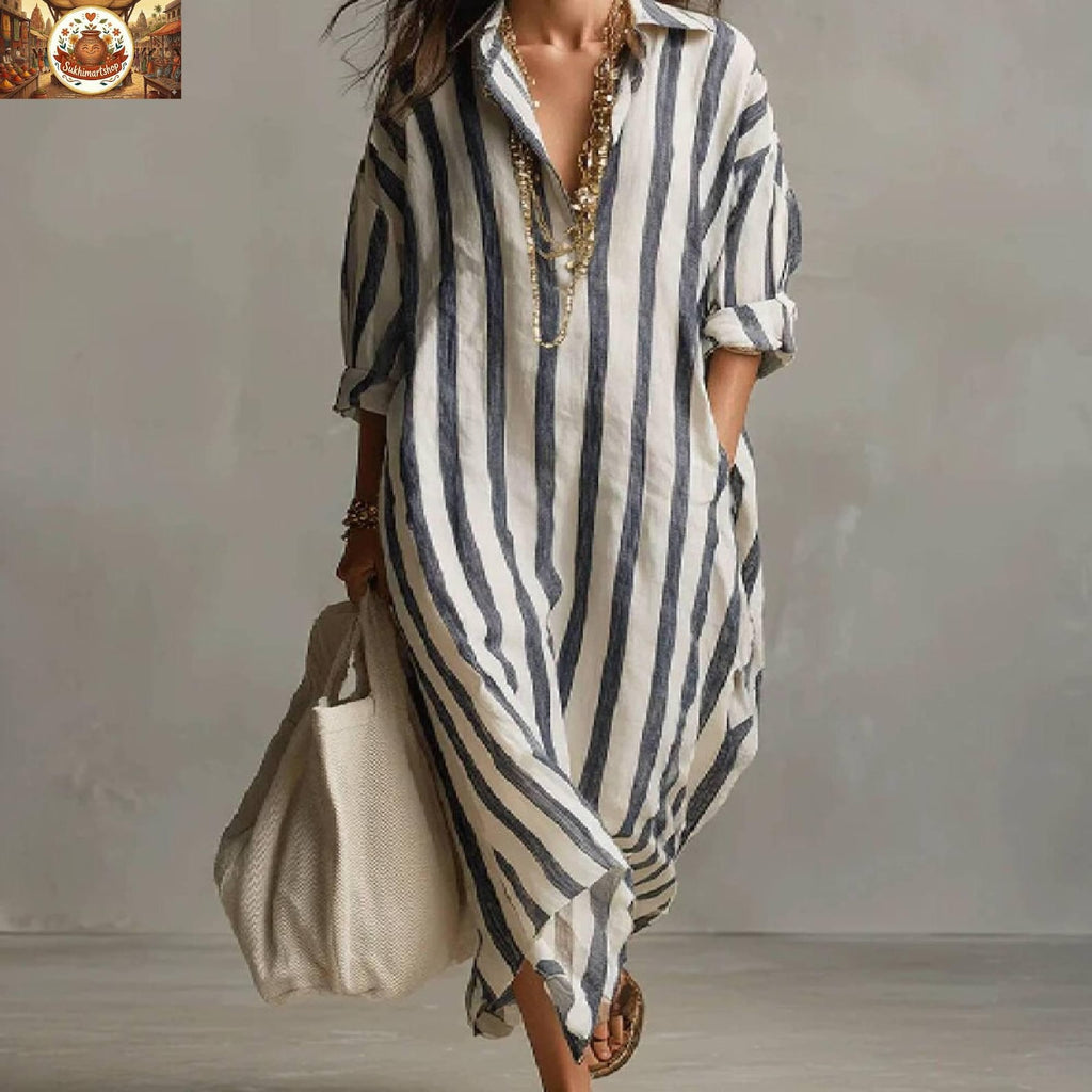 Summer Striped Linen & Cotton Kaftan Dress Oversized Beach Cover Up With Pockets