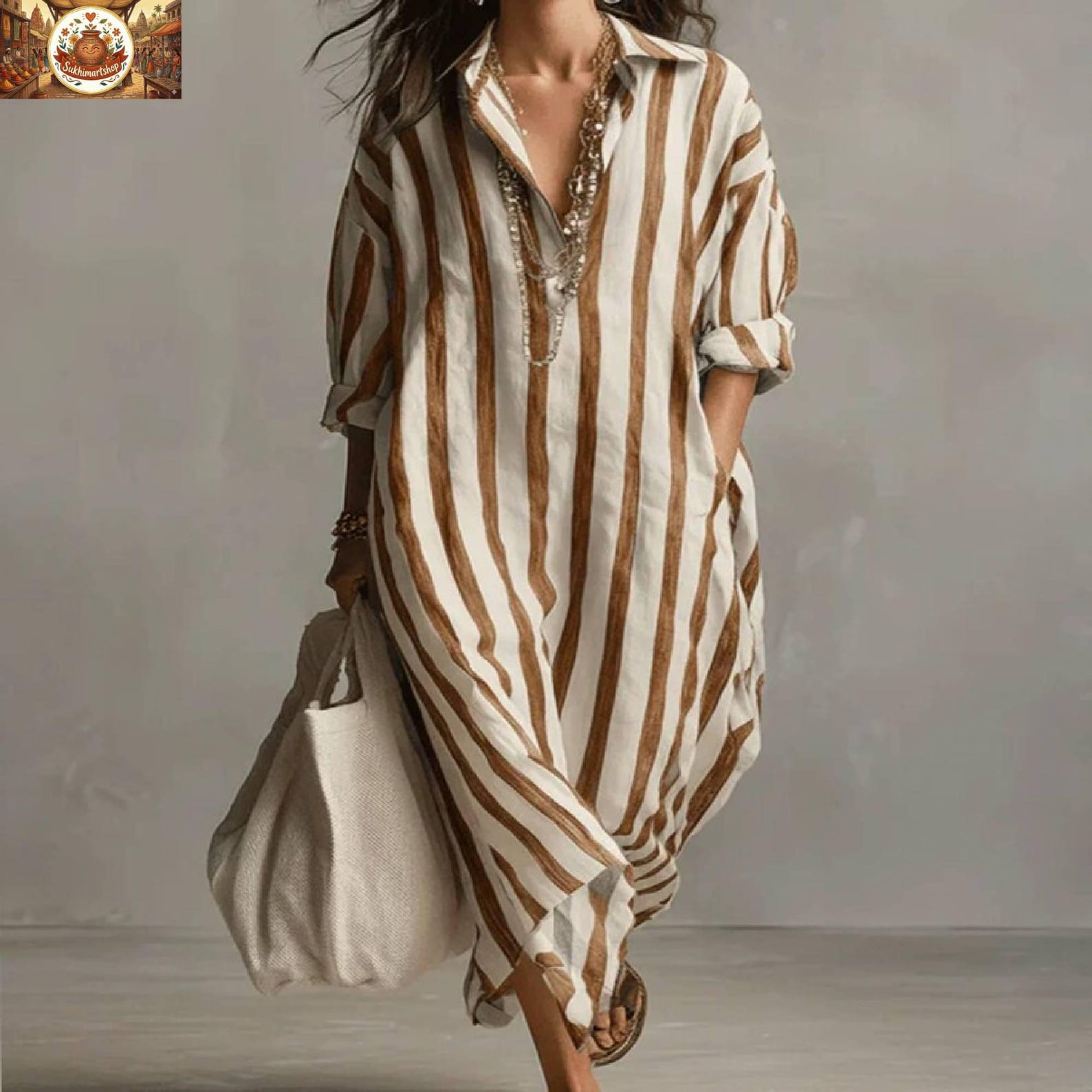 Summer Striped Linen & Cotton Kaftan Dress Oversized Beach Cover Up With Pockets