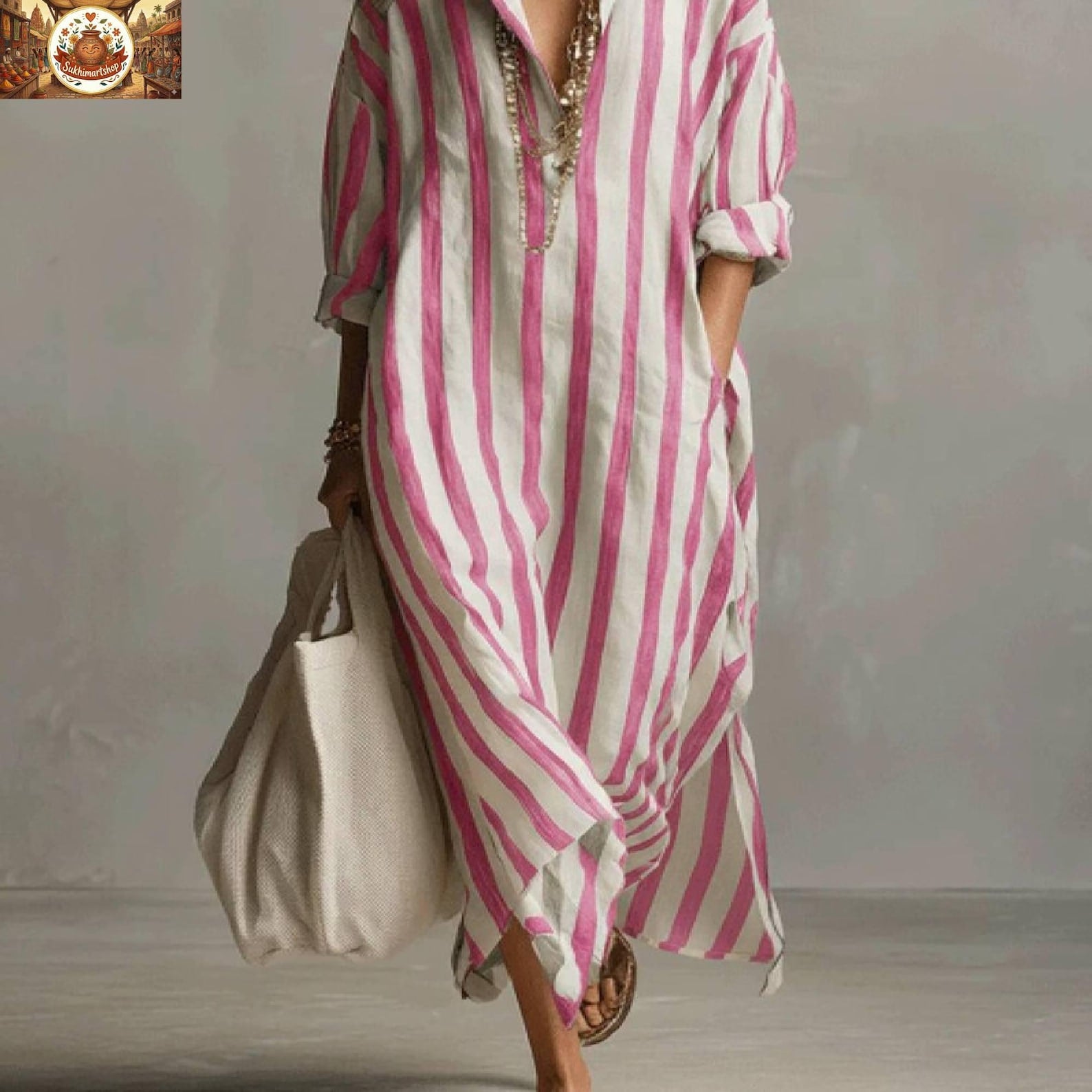 Summer Striped Linen & Cotton Kaftan Dress Oversized Beach Cover Up With Pockets
