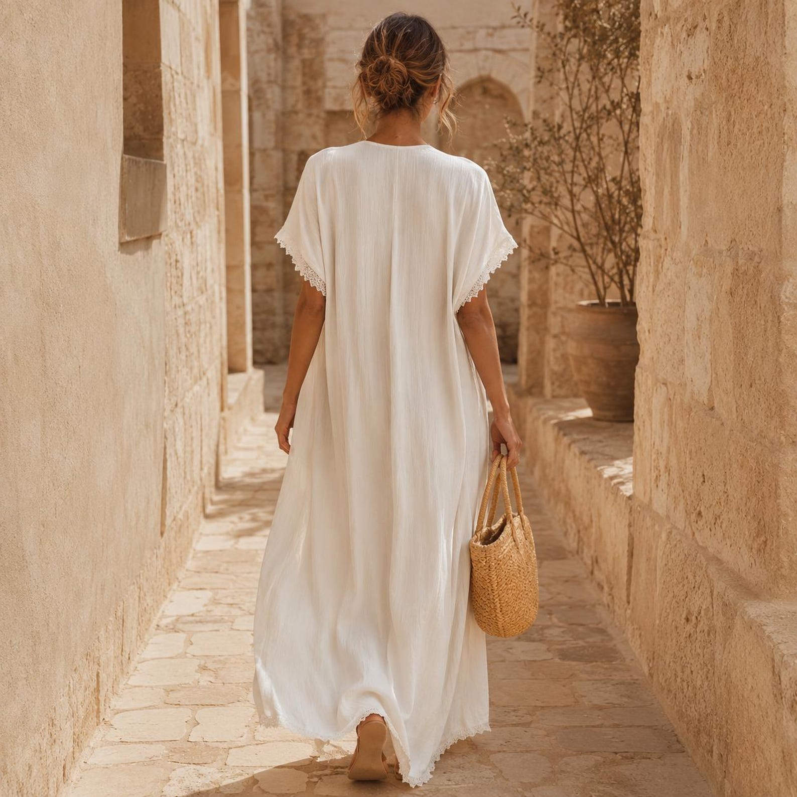 Linen Kaftan Maxi Dress, Lace Trim V Neck Cotton Gauze Dress, Oversized Boho Beach Cover Up, Summer Resort Wear With Pockets