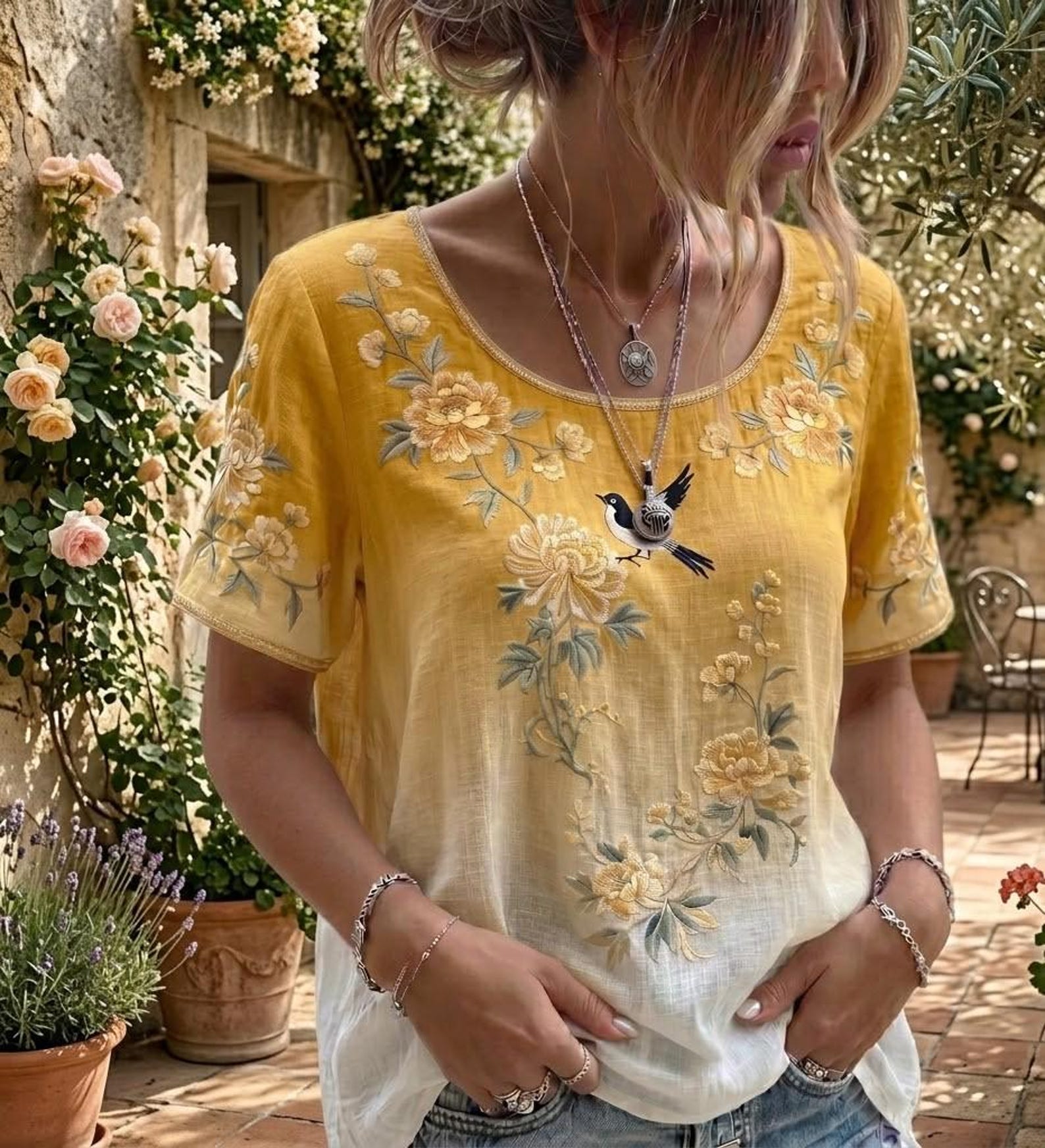 Embroidered Linen Blend Bohemian short-sleeved top: Floral Bird Motifs, Relaxed Fit, Everyday Wear