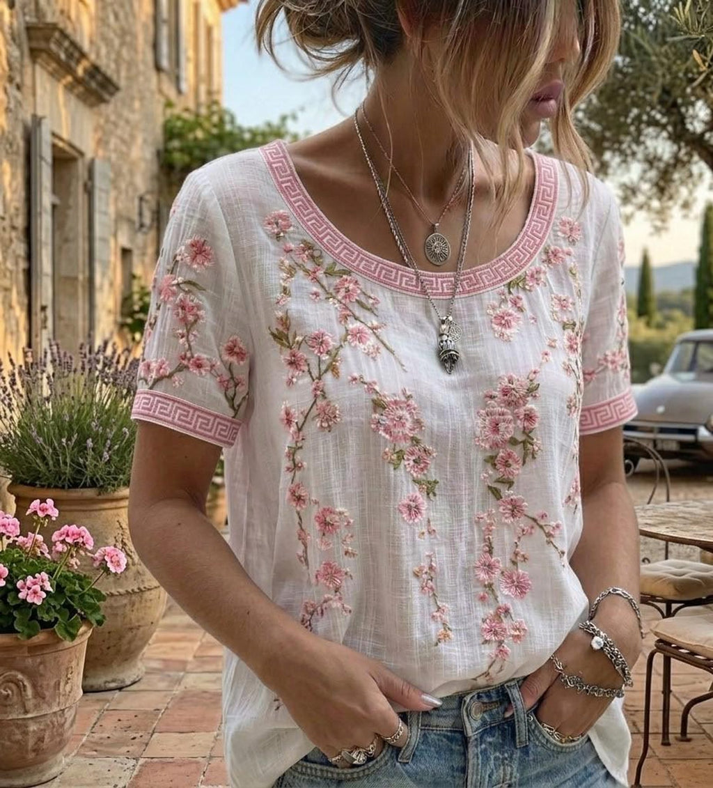 Embroidered Linen Blend Bohemian short-sleeved top: Floral Bird Motifs, Relaxed Fit, Everyday Wear