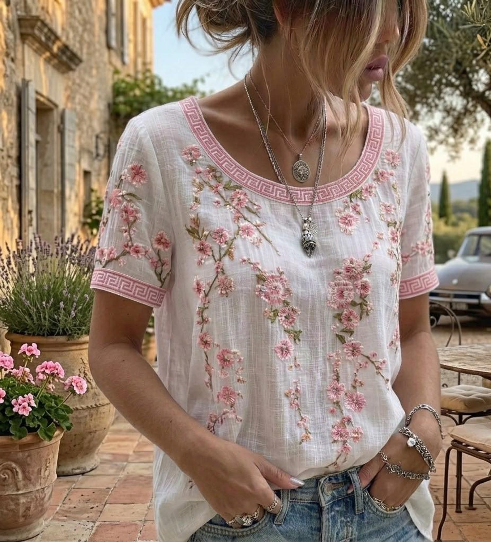 Embroidered Linen Blend Bohemian short-sleeved top: Floral Bird Motifs, Relaxed Fit, Everyday Wear