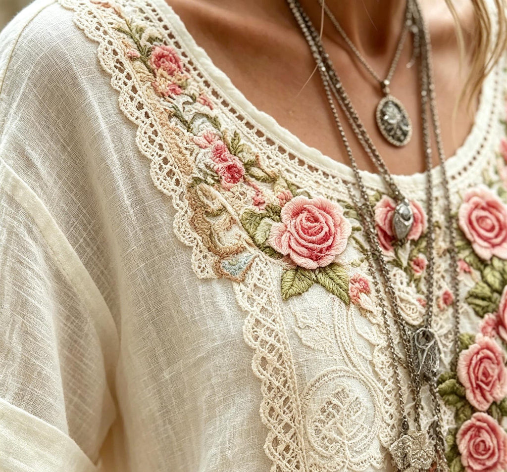 Embroidered Linen Blend Bohemian short-sleeved top: Floral Bird Motifs, Relaxed Fit, Everyday Wear
