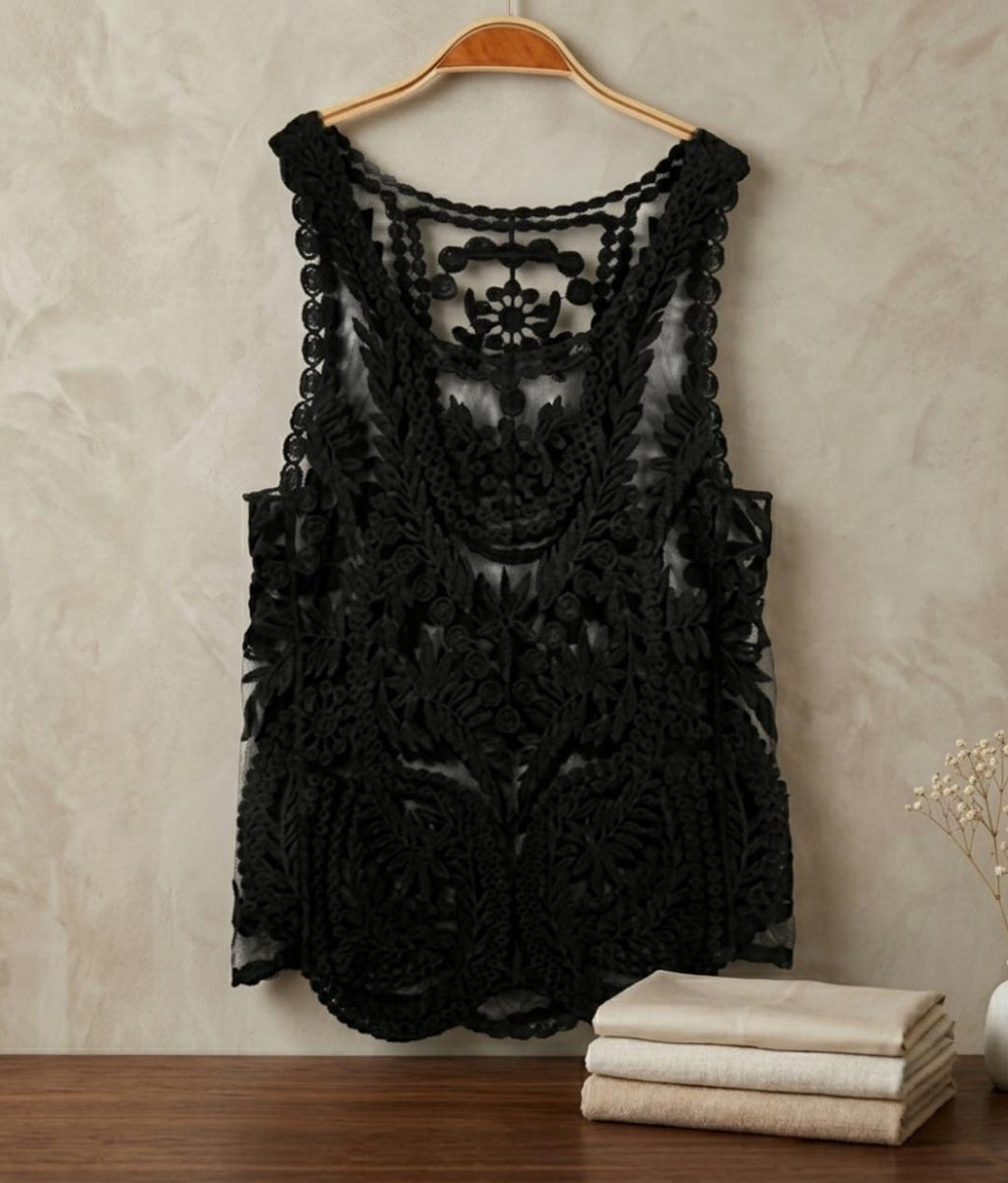 Boho Floral Lace Tank Top, Sheer Sleeveless Summer Beach Cover Up