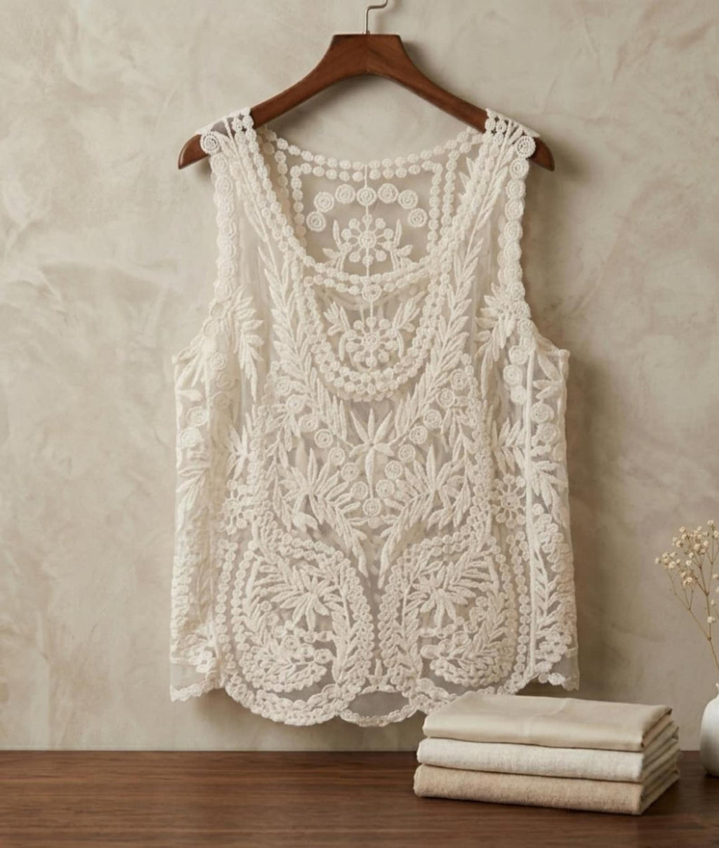 Boho Floral Lace Tank Top, Sheer Sleeveless Summer Beach Cover Up