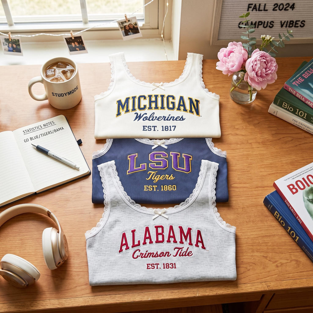 Embroidered Custom University Lace Tank Top, Game Day Ribbed Cami, Ironic Game Day Shirt, Retro College Mascot Top, Sorority Sister Gift