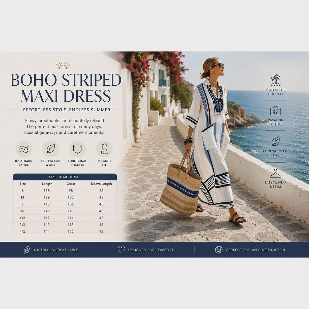 Boho Linen Maxi Dress,  Beach, Striped Kaftan, Summer Resort, Oversized Linen with Pockets