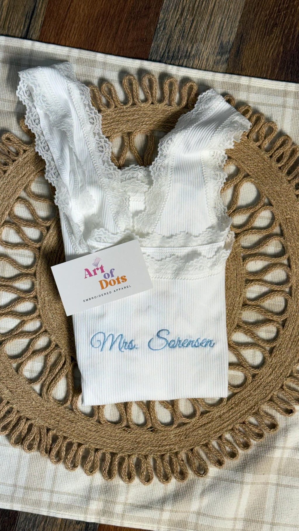 Personalized Embroidered Lace Tank Top, Custom Embroidery Modal Tank Bridal Shower Gift, Engagement Gift Bachelorette Party, New Mrs. Tank