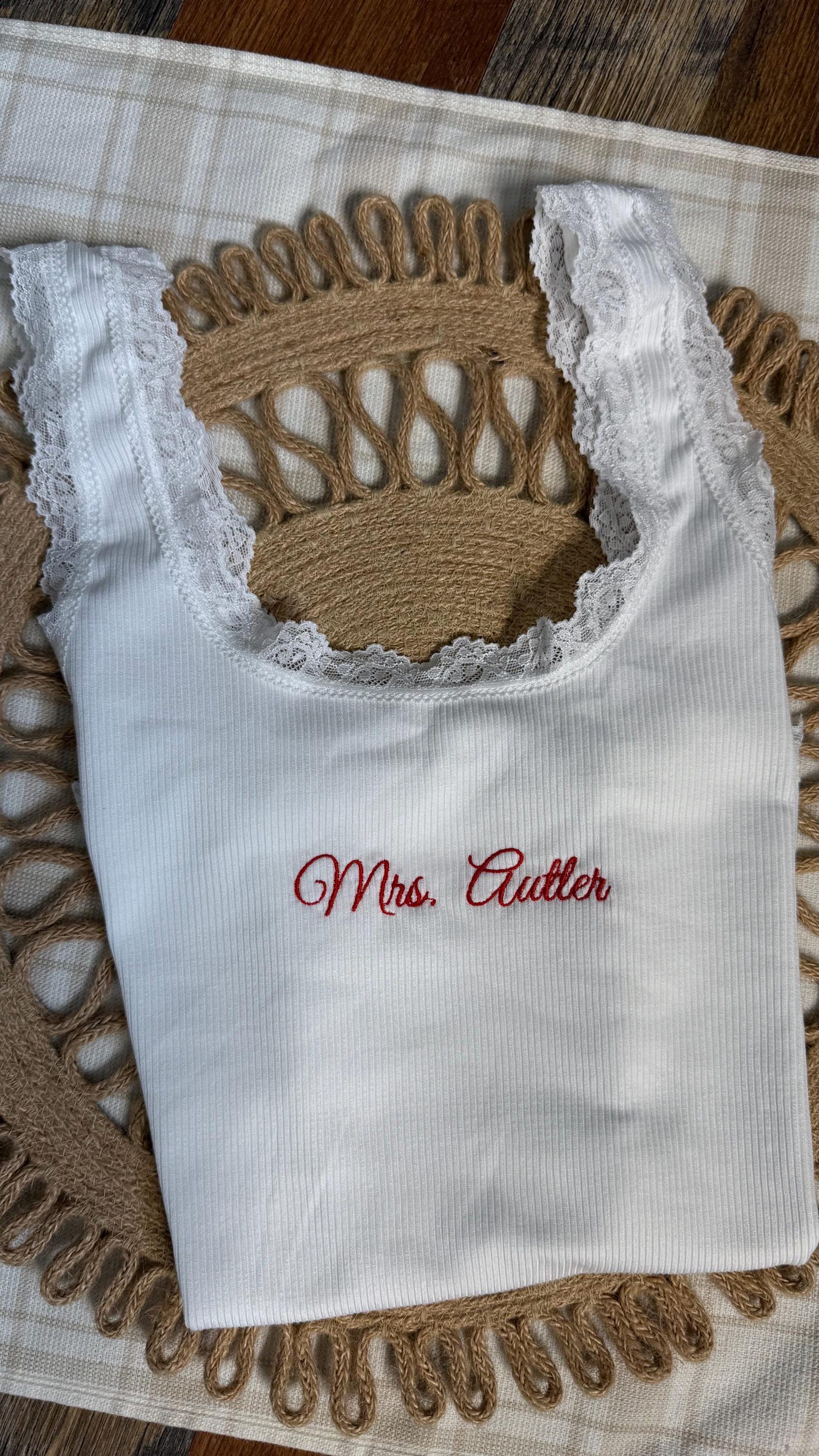 Personalized Embroidered Lace Tank Top, Custom Embroidery Modal Tank Bridal Shower Gift, Engagement Gift Bachelorette Party, New Mrs. Tank