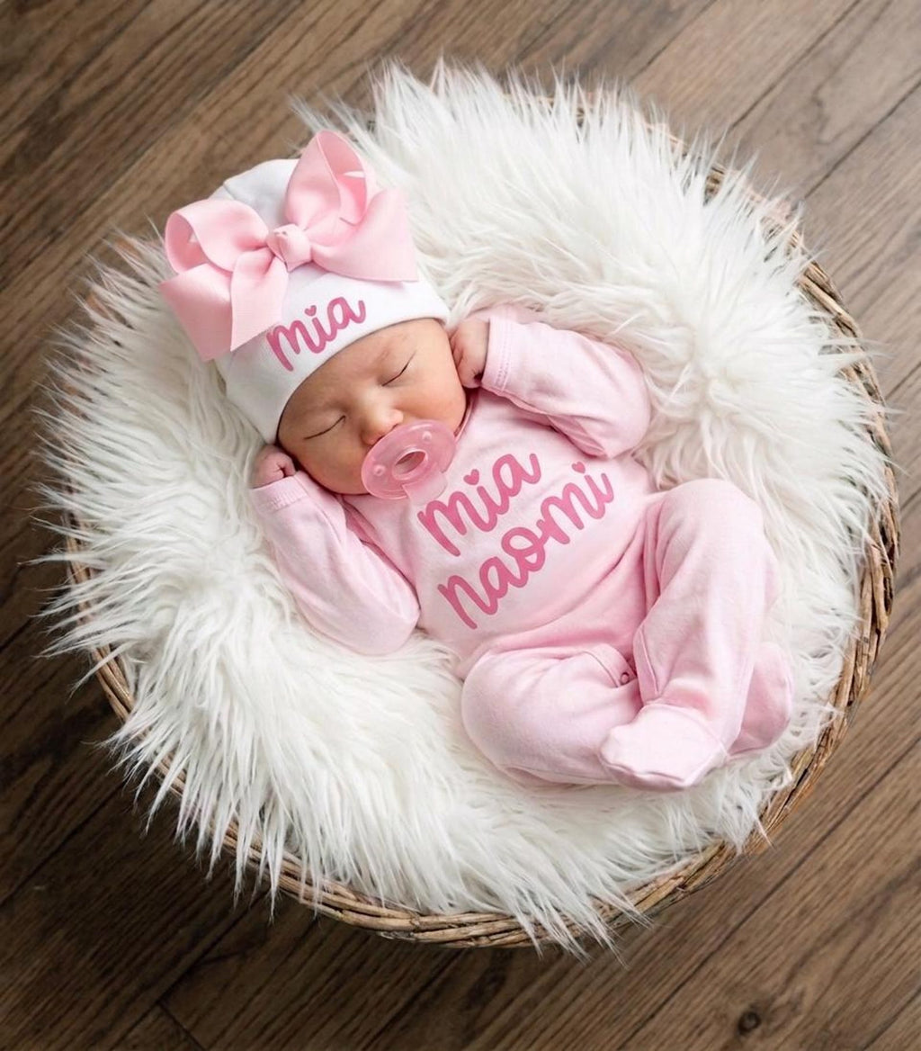 Newborn Girl Coming Home Outfit, Personalized Romper and Pink Bow