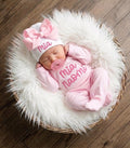 Newborn Girl Coming Home Outfit, Personalized Romper and Pink Bow
