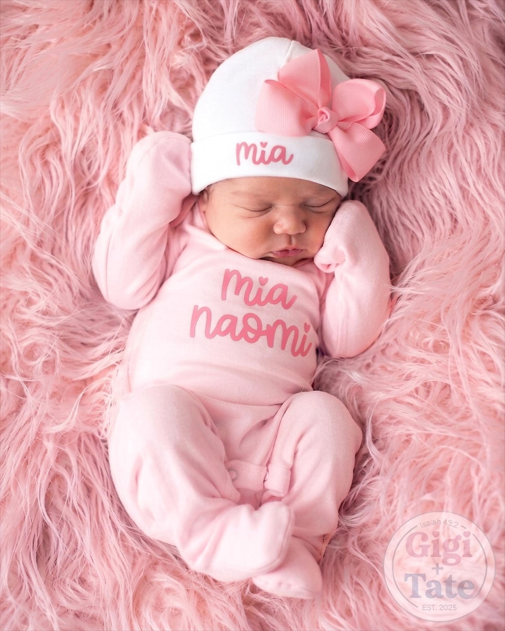 Newborn Girl Coming Home Outfit, Personalized Romper and Pink Bow