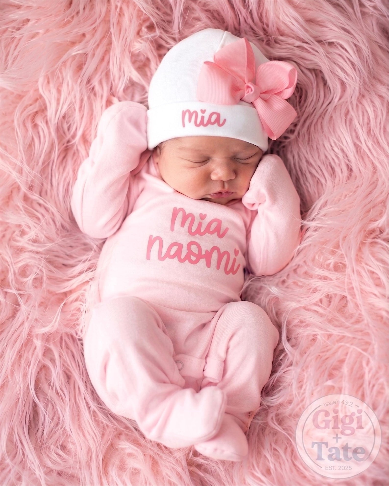 Newborn Girl Coming Home Outfit, Personalized Romper and Pink Bow