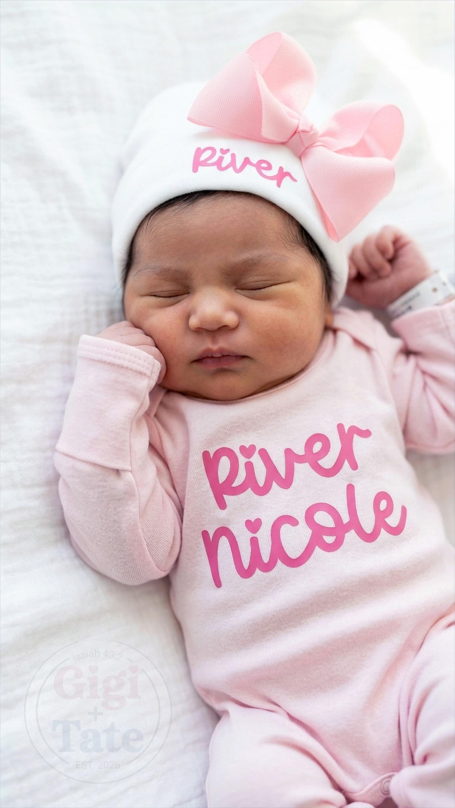 Newborn Girl Coming Home Outfit, Personalized Romper and Pink Bow