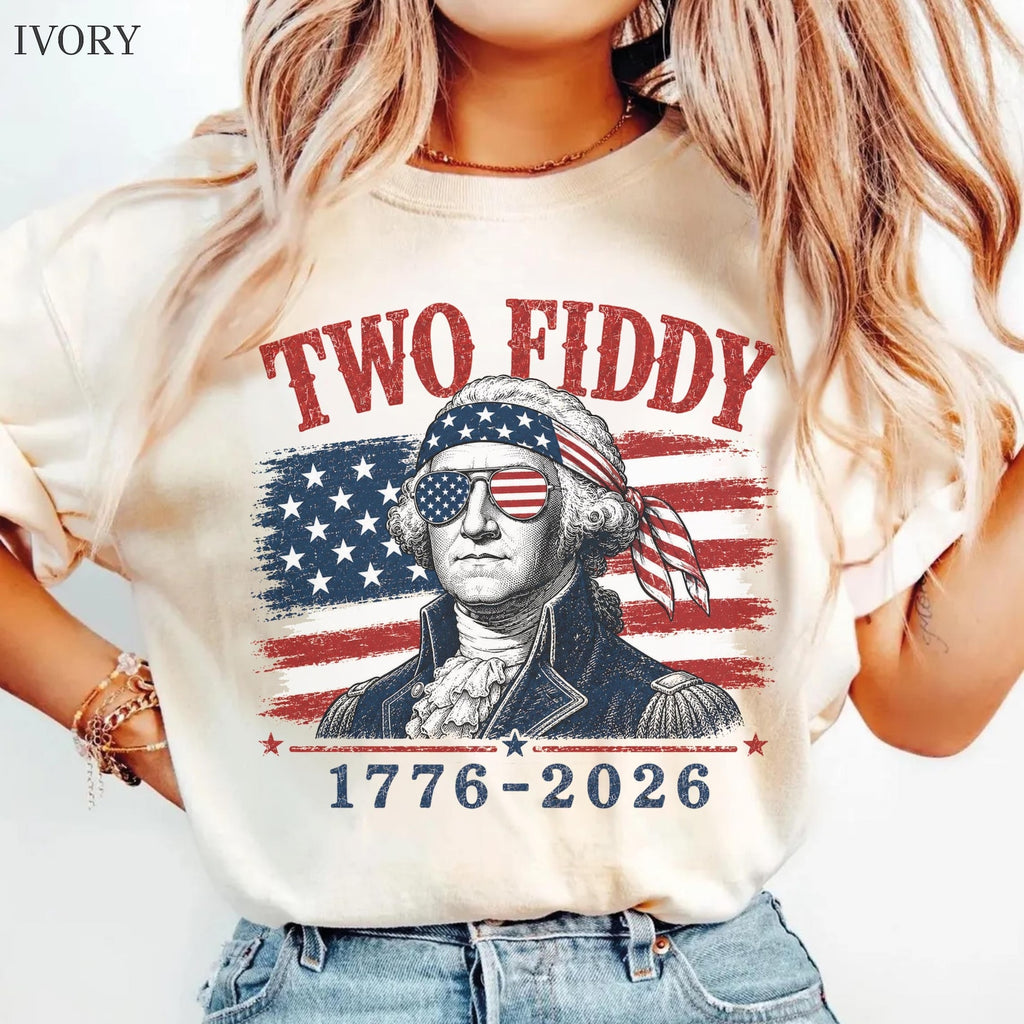 Two Fiddy George Washington 1776 2026 Tee, Funny Patriotic 4th of July Gift, USA 250th Birthday Distressed Flag Shirt
