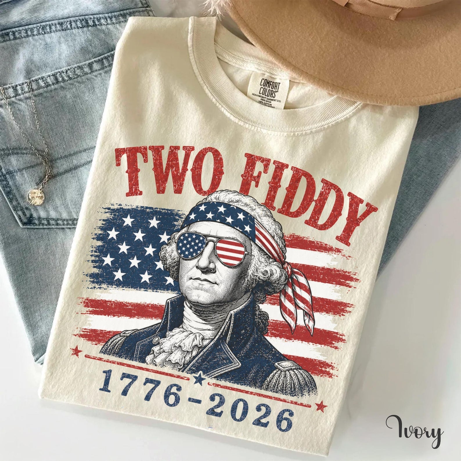 Two Fiddy George Washington 1776 2026 Tee, Funny Patriotic 4th of July Gift, USA 250th Birthday Distressed Flag Shirt