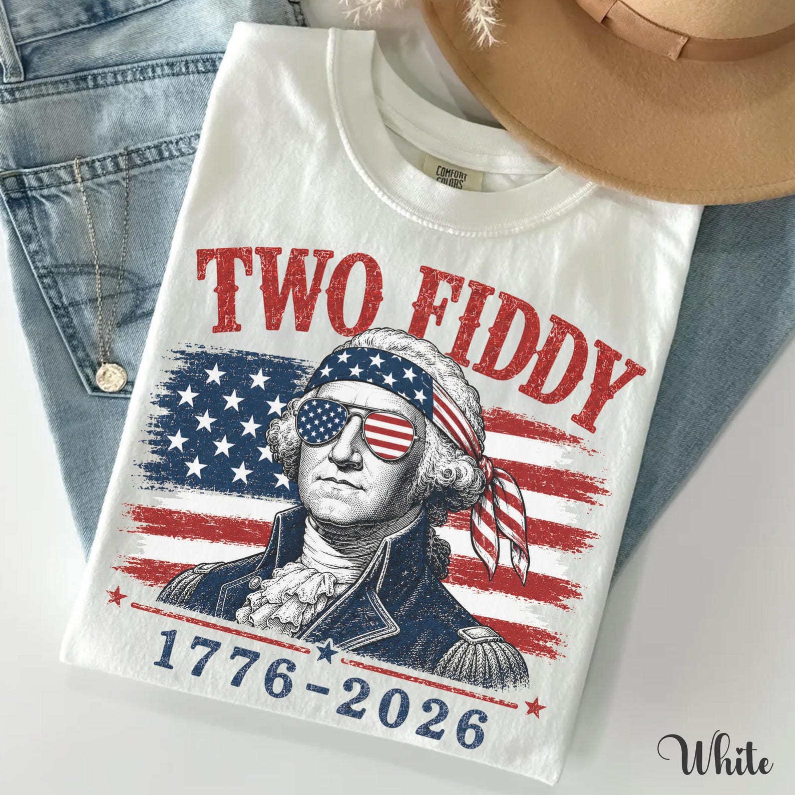 Two Fiddy George Washington 1776 2026 Tee, Funny Patriotic 4th of July Gift, USA 250th Birthday Distressed Flag Shirt