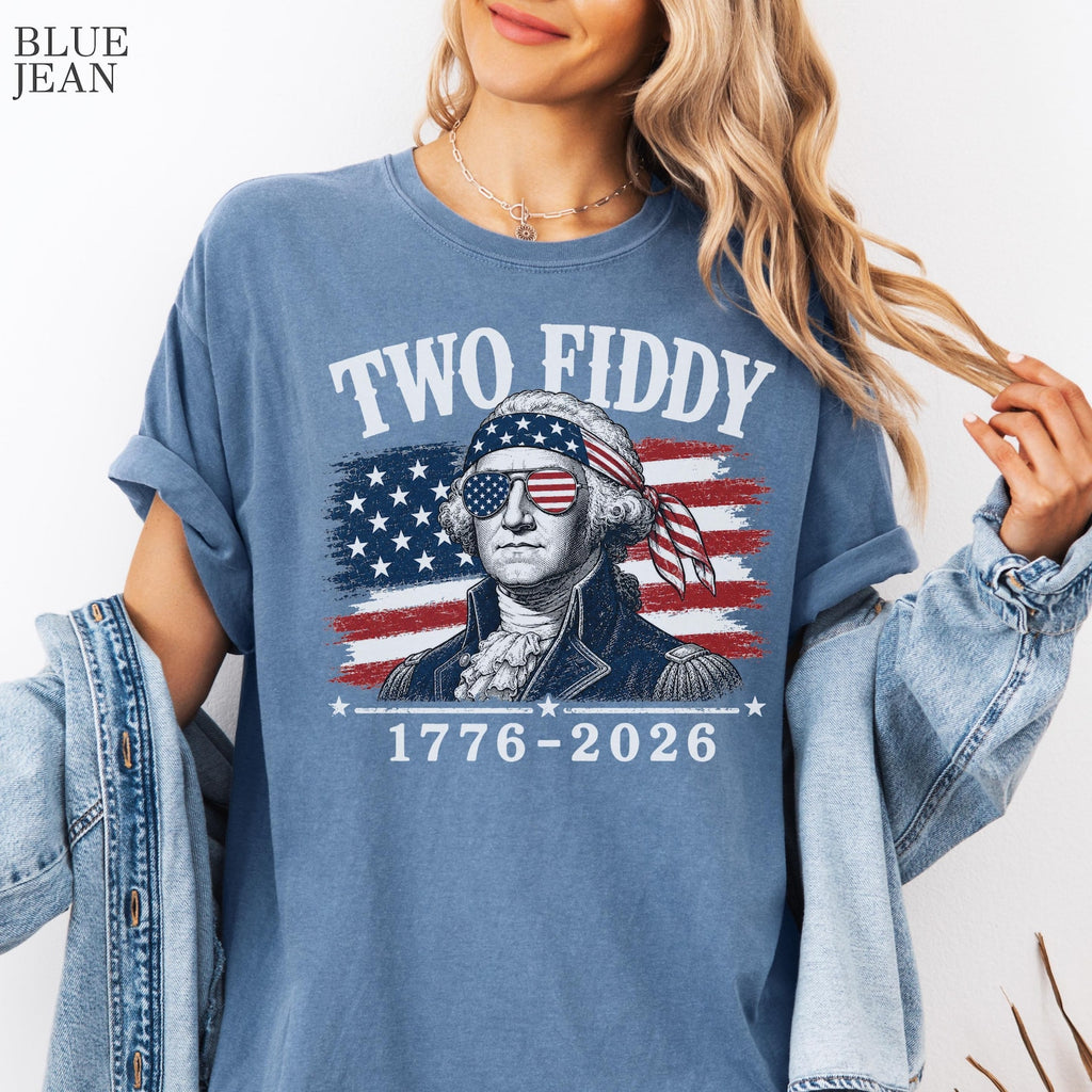 Two Fiddy George Washington 1776 2026 Tee, Funny Patriotic 4th of July Gift, USA 250th Birthday Distressed Flag Shirt