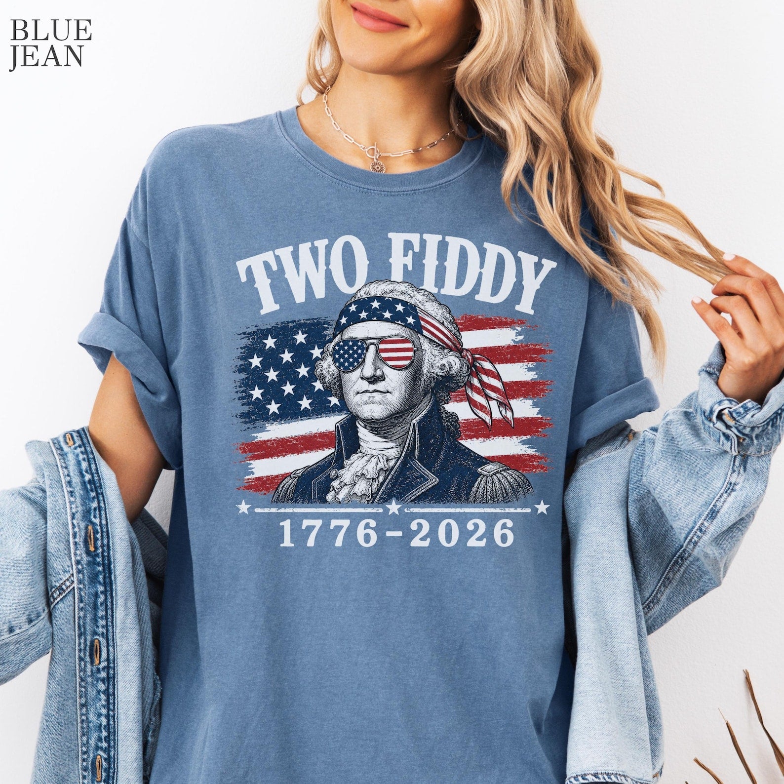 Two Fiddy George Washington 1776 2026 Tee, Funny Patriotic 4th of July Gift, USA 250th Birthday Distressed Flag Shirt