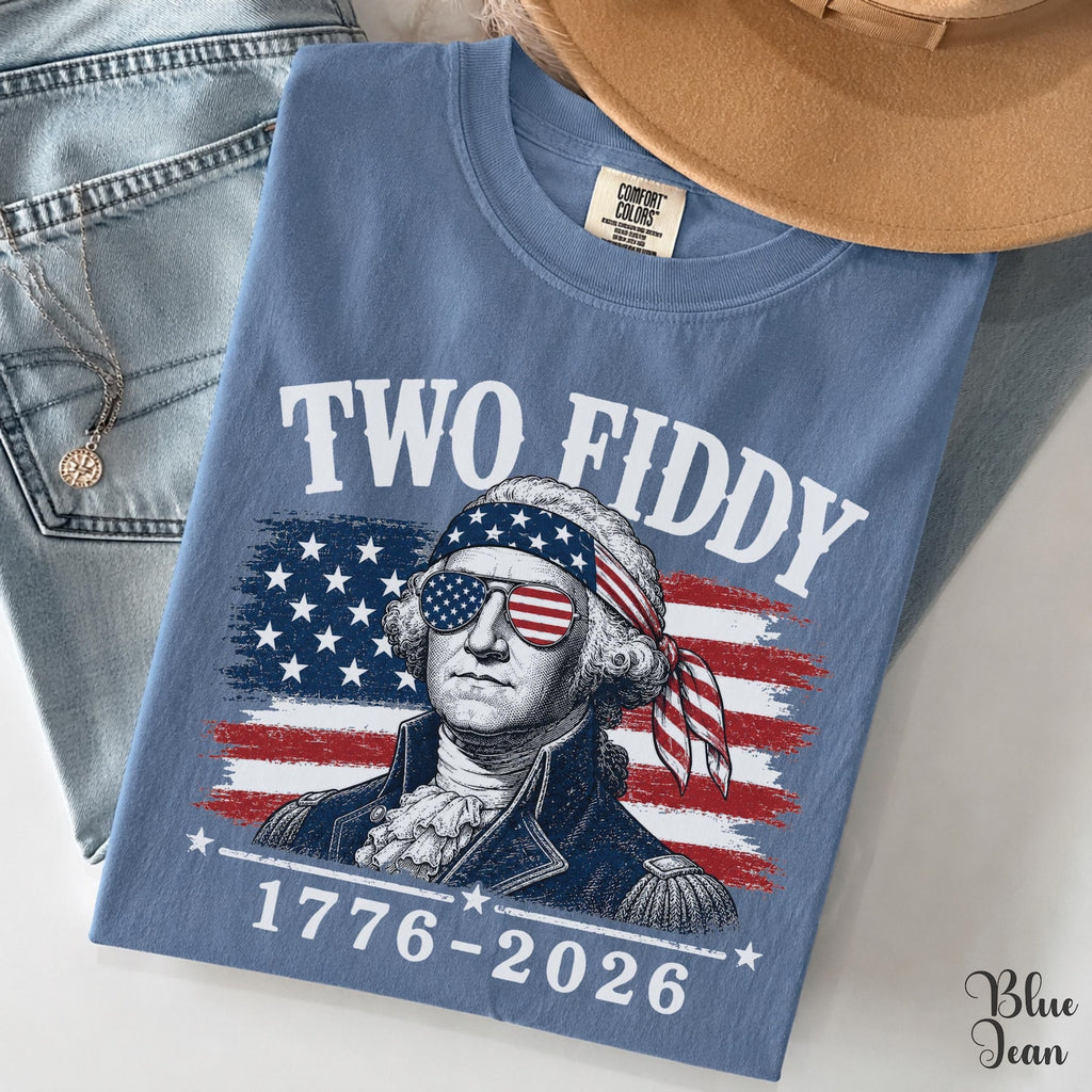 Two Fiddy George Washington 1776 2026 Tee, Funny Patriotic 4th of July Gift, USA 250th Birthday Distressed Flag Shirt